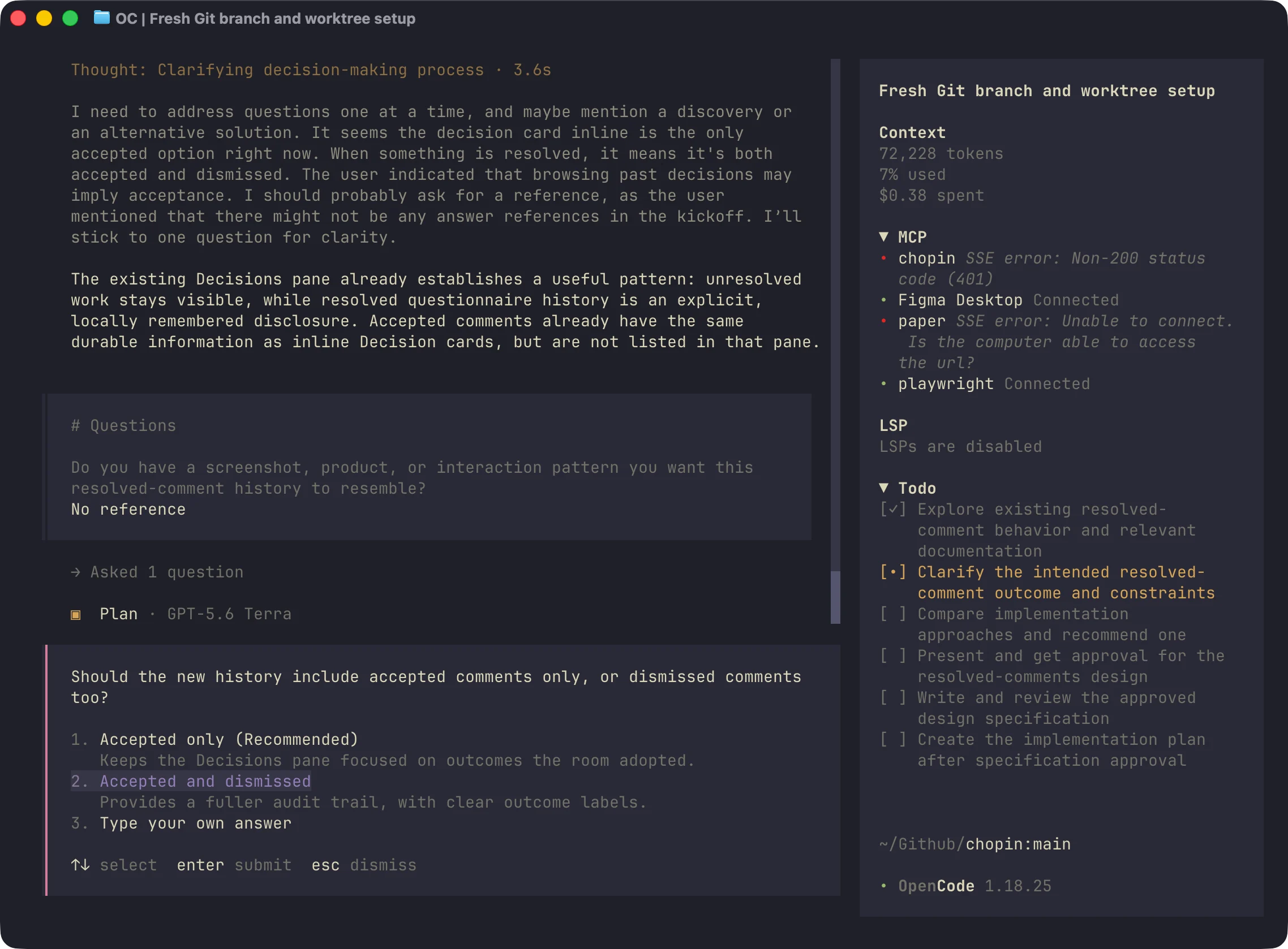 OpenCode in a terminal displaying planning tasks and a question for the user.
