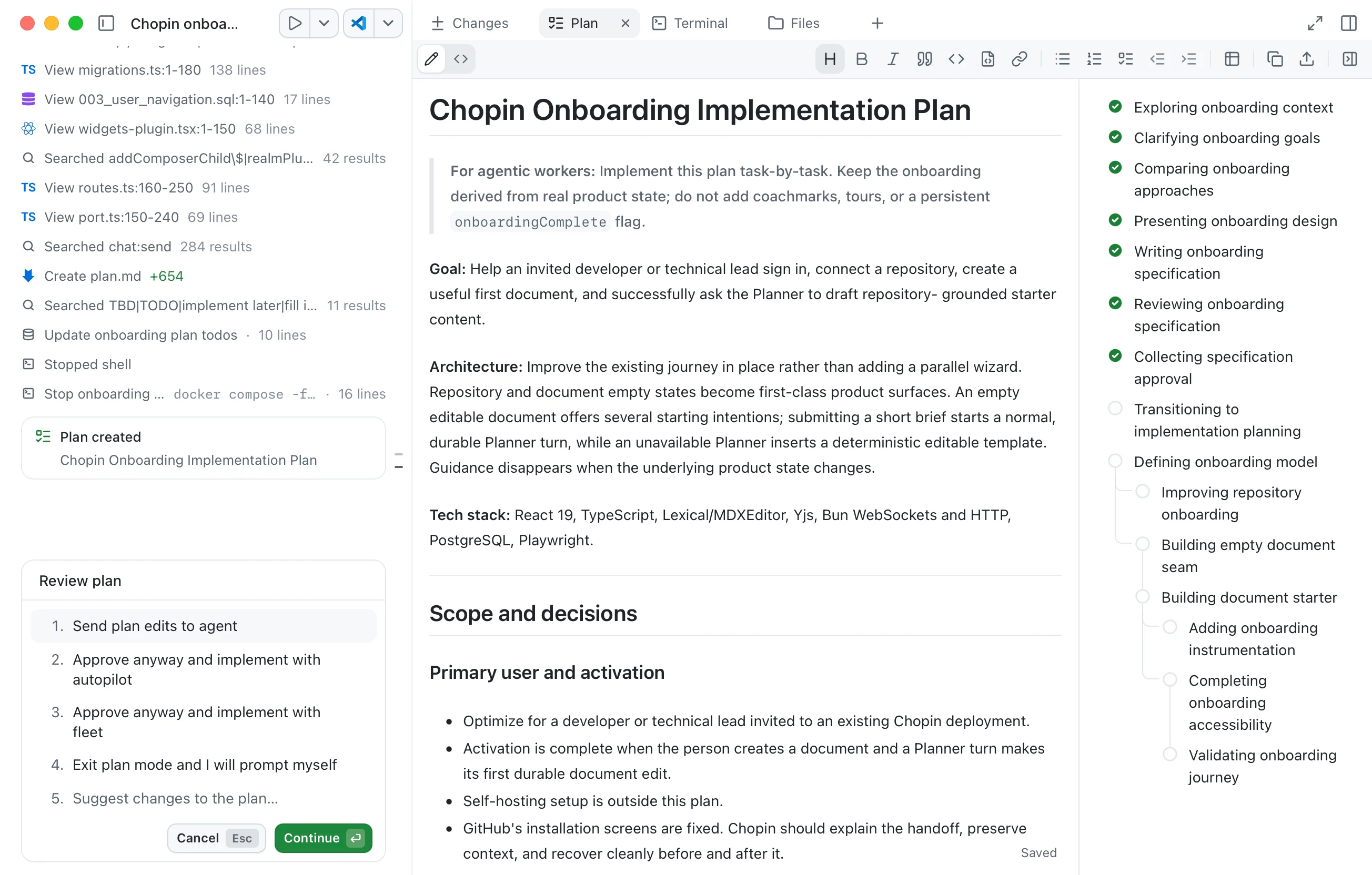 GitHub Copilot displaying a Chopin onboarding implementation plan and review controls.