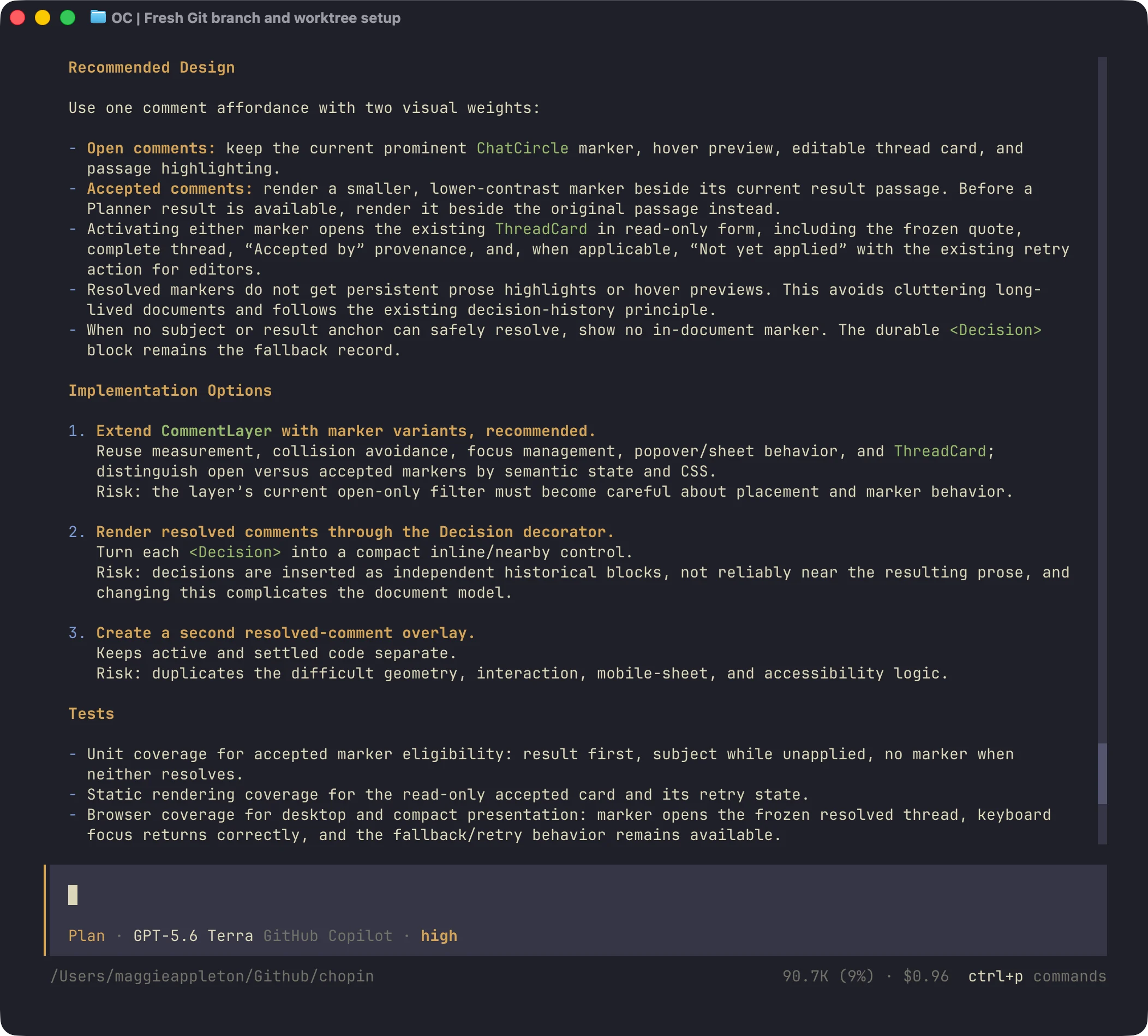 OpenCode in a terminal displaying a recommended design and implementation options for resolved comments.